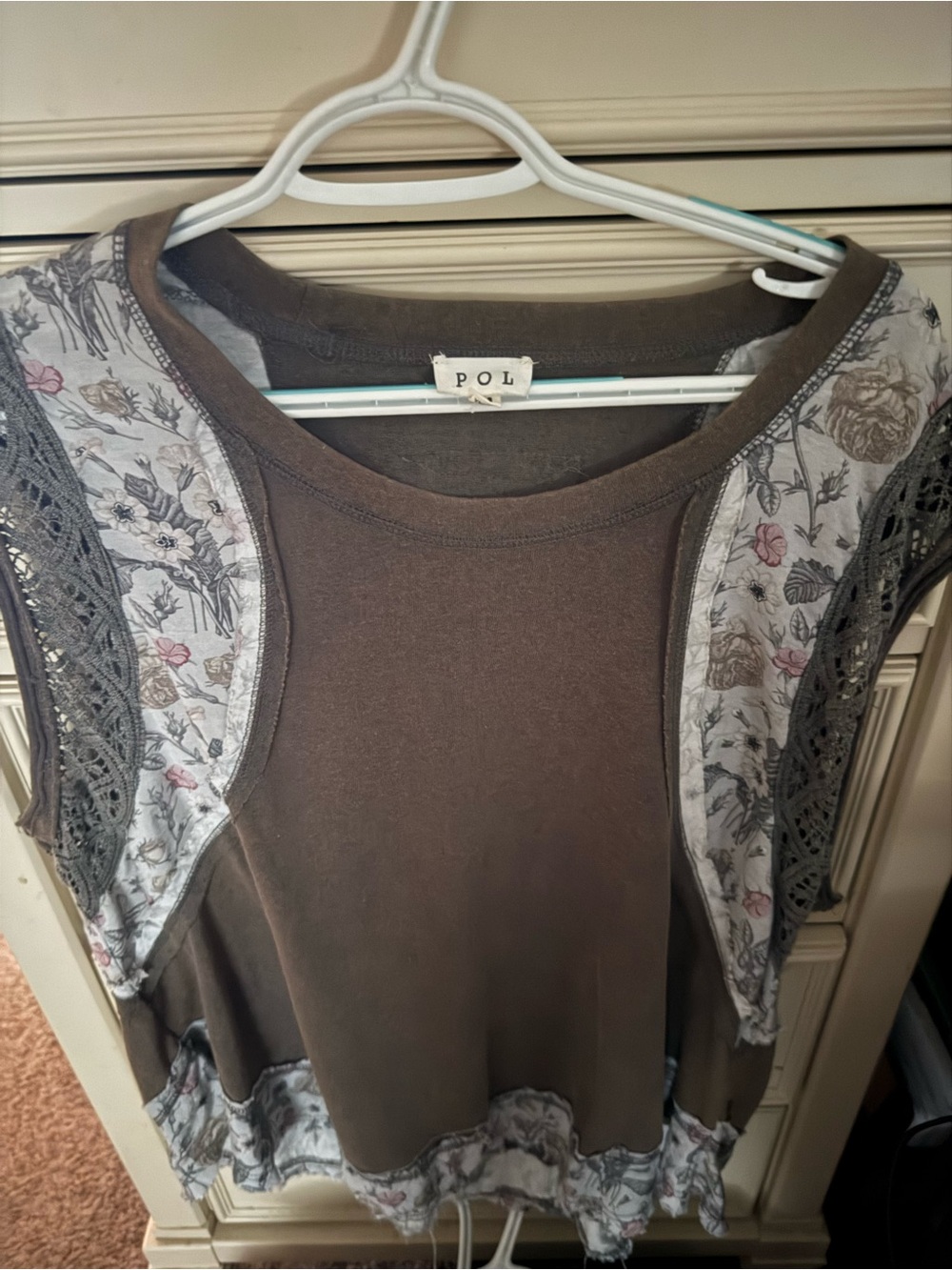 POL Women’s Medium Brown Floral Crochet Lace Boho Ruffle Hem Top
